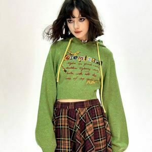 Aesthetic Chemistry Knit Cropped Hoodie in Green, Blue, Brown, and Black Spider Designs