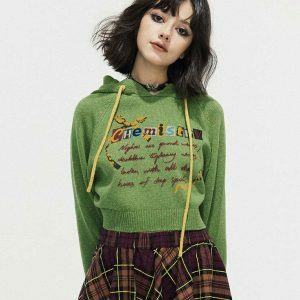 Aesthetic Chemistry Knit Cropped Hoodie in Green, Blue, Brown, and Black Spider Designs