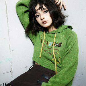 Aesthetic Chemistry Knit Cropped Hoodie in Green, Blue, Brown, and Black Spider Designs