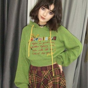 Aesthetic Chemistry Knit Cropped Hoodie in Green, Blue, Brown, and Black Spider Designs