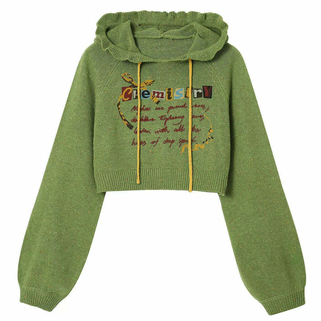 Aesthetic Chemistry Knit Cropped Hoodie in Green, Blue, Brown, and Black Spider Designs