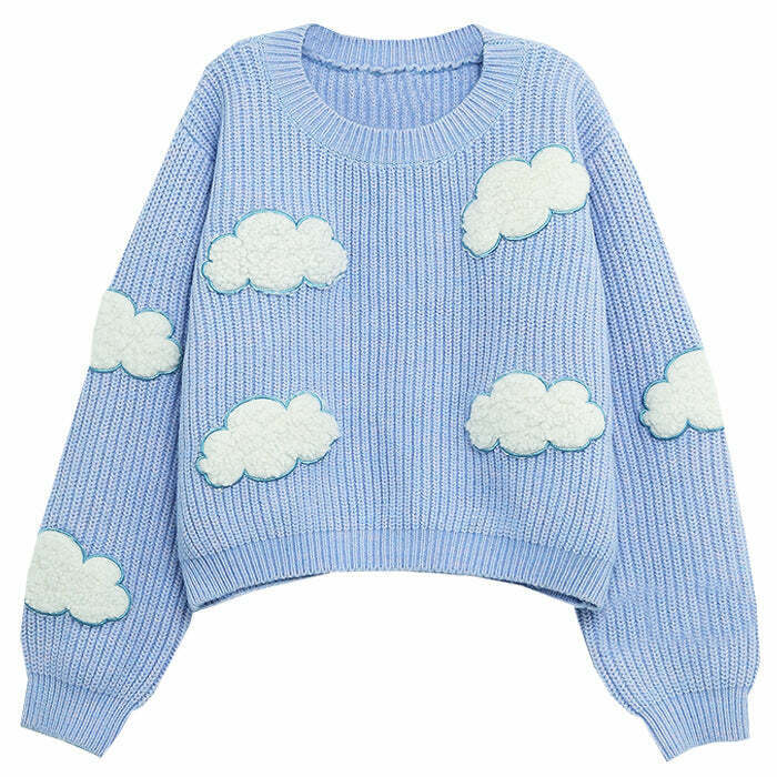 Aesthetic Cream Cropped Cloud Sweater with Unique Embroidery - Y2K Style Gengar Design