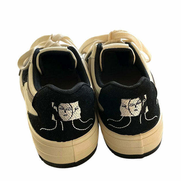 Aesthetic Face Embroidery Black Sneakers with Heart Design - Trendy Y2K Style Footwear