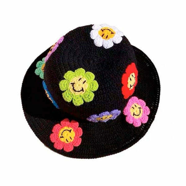 Aesthetic Flower Crochet Bucket Hat - Y2K Disco Cowgirl Style with Trendy Crochet Design