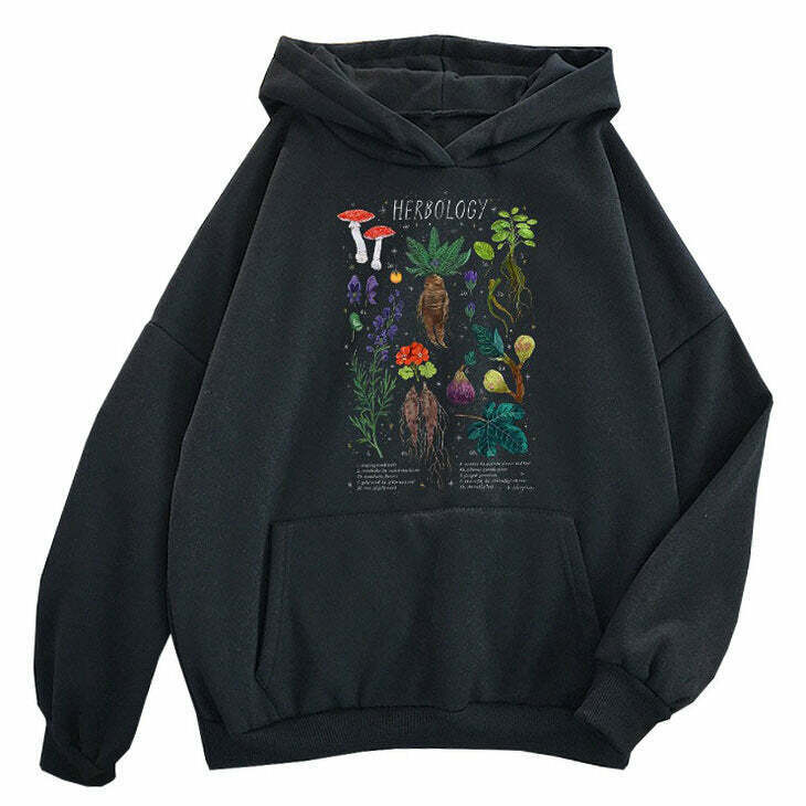 Aesthetic Herbology Cropped Zip-Up Hoodie in Green, Blue, Brown, and Black Spider Designs