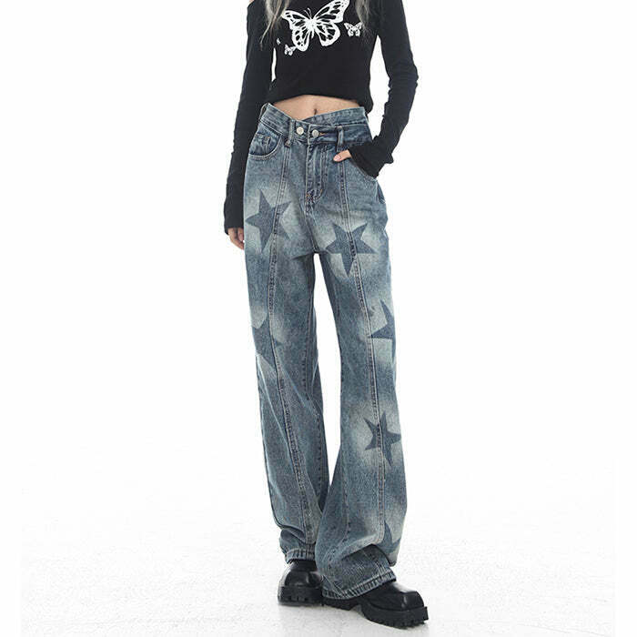 Aesthetic Star Washed Jeans for Trendy Y2K Style - Baggy Fit with Unique Star Design