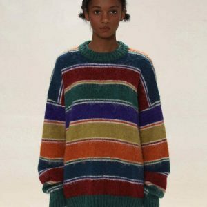 Aesthetic Y2K Striped Sweater - Cream Cropped Design with Unique Embroidery Details