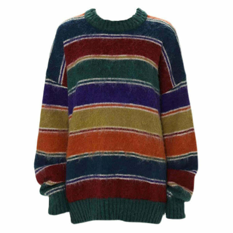 Aesthetic Y2K Striped Sweater - Cream Cropped Design with Unique Embroidery Details