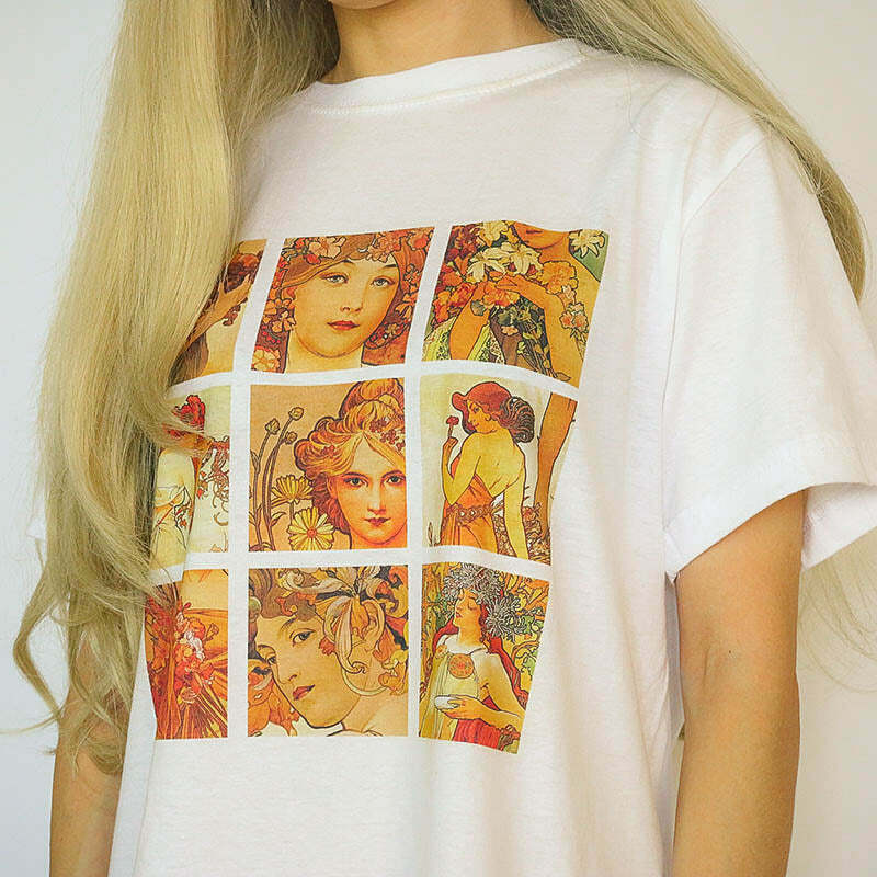 Alphonse Mucha Graphic Tee - Y2K Bow Tee Shirt with Artistic Design for Trendy Style