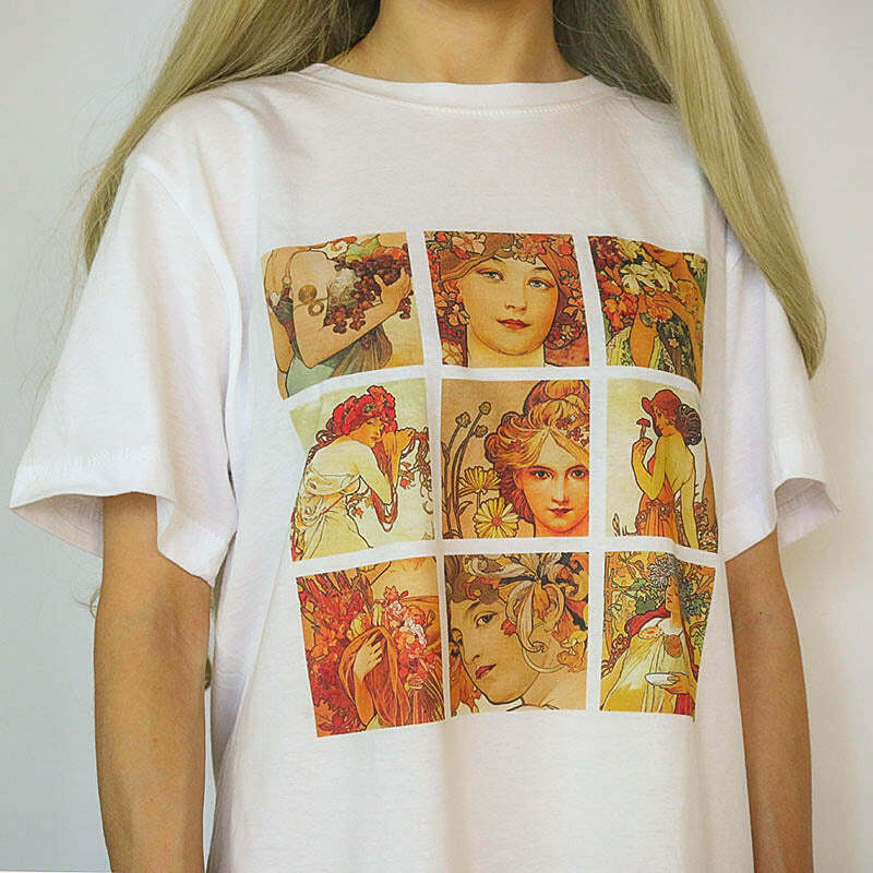 Alphonse Mucha Graphic Tee - Y2K Bow Tee Shirt with Artistic Design for Trendy Style