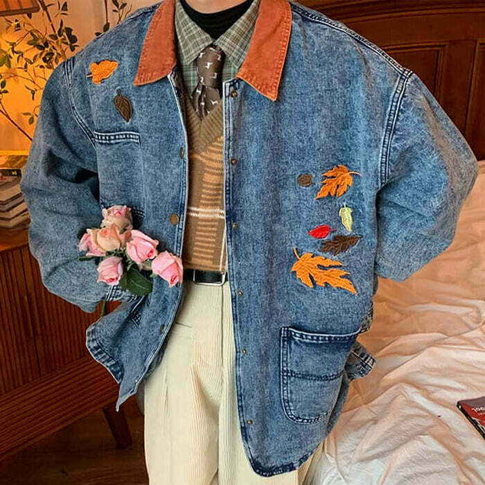 Autumn Leaves Embroidery Denim Jacket - Trendy Y2K Style with Colorful Design and Comfort