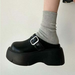 Bad Manners Black and White Chunky Platform Mules - Y2K Emo Style Star Boots