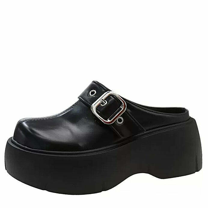 Bad Manners Black and White Chunky Platform Mules - Y2K Emo Style Star Boots