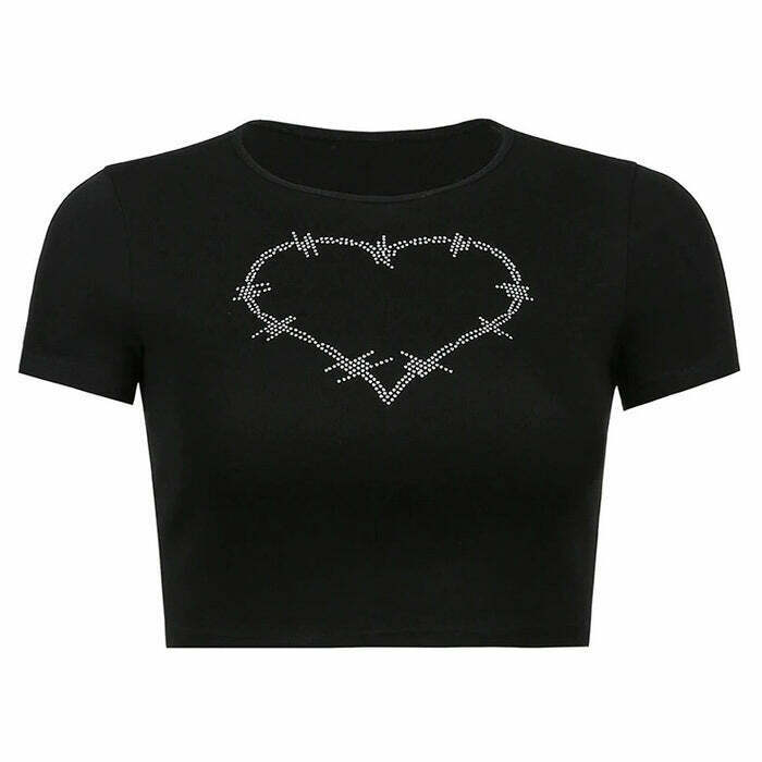 Barbed Heart Rhinestone Crop Top - Y2K Bow Tie Style with Sparkling Details