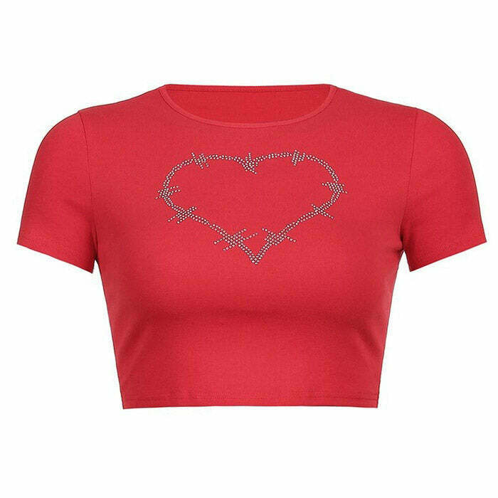 Barbed Heart Rhinestone Crop Top - Y2K Bow Tie Style with Sparkling Details