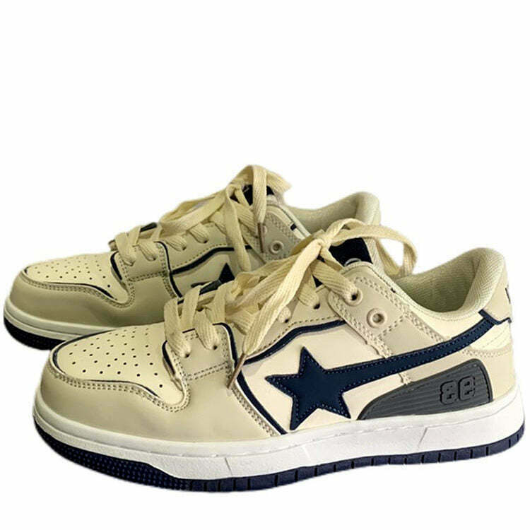 Beige & Navy Shooting Star Sneakers - Trendy Star Aesthetic Footwear for Y2K Style Lovers