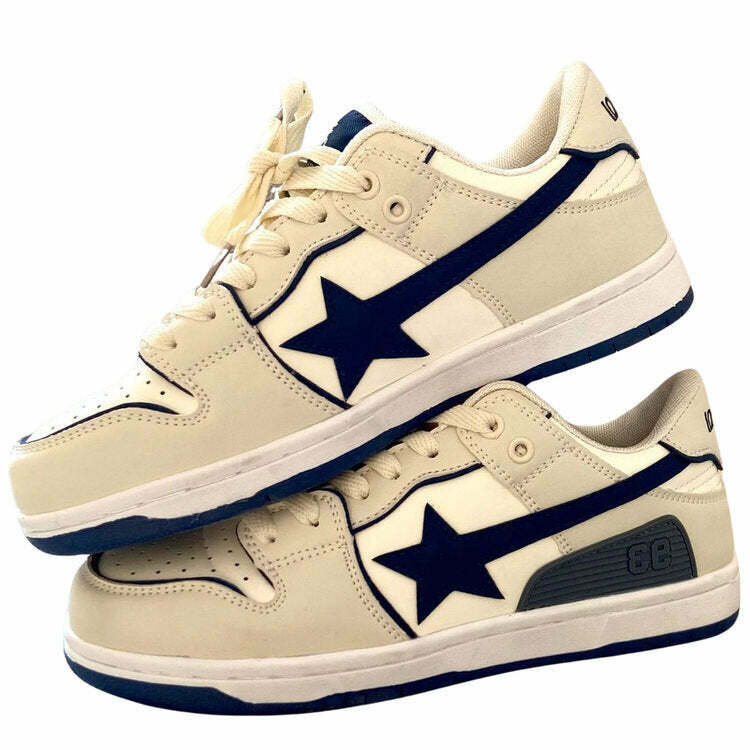 Beige & Navy Shooting Star Sneakers - Trendy Star Aesthetic Footwear for Y2K Style Lovers