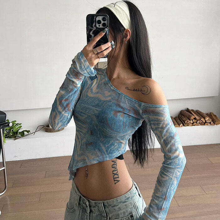 Blue Marble Asymmetrical Crop Top - Trendy Y2K Style with Chic Design and Unique Pattern