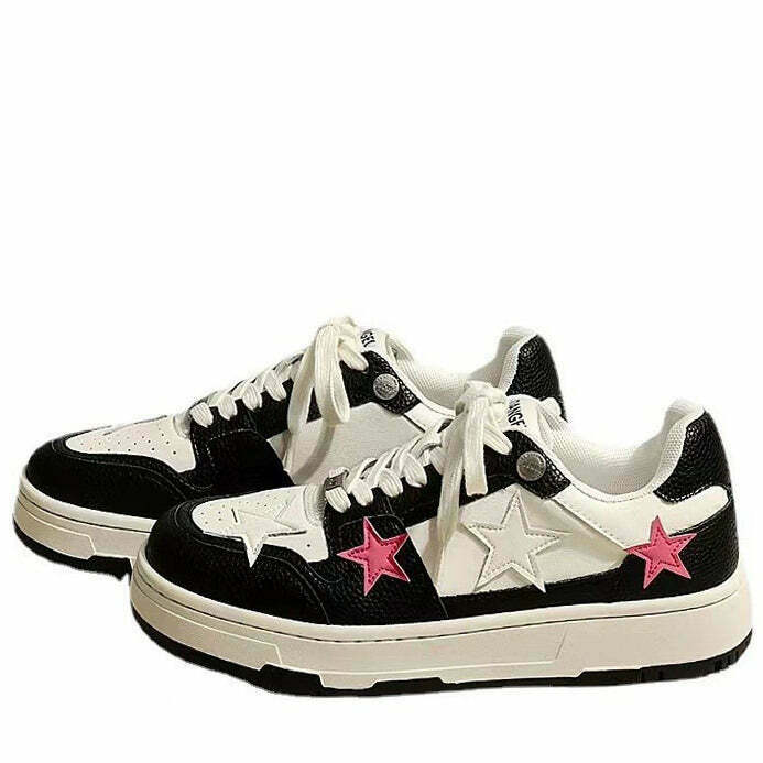 Bubblegum Pink Star Sneakers: Trendy Black & Pink Footwear for Y2K Fashion Lovers