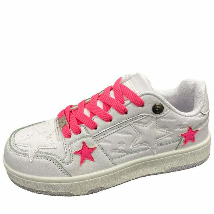 Bubblegum Pink Star Sneakers: Trendy White & Pink Star Design for Y2K Aesthetic Style