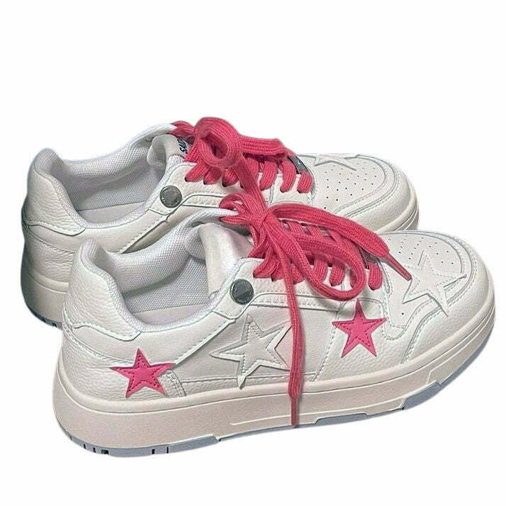 Bubblegum Pink Star Sneakers: Trendy White & Pink Star Design for Y2K Aesthetic Style