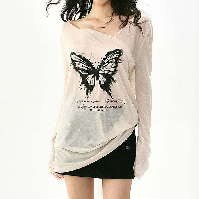 Butterfly Print See-Through Top with Bow Tie Detail - Trendy Y2K Aesthetic Fashion Piece