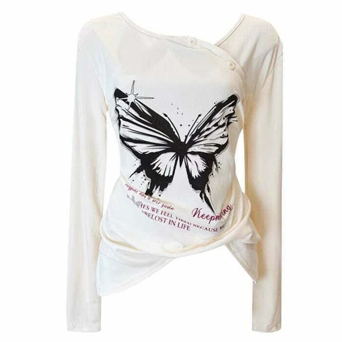 Butterfly Print See-Through Top with Bow Tie Detail - Trendy Y2K Aesthetic Fashion Piece