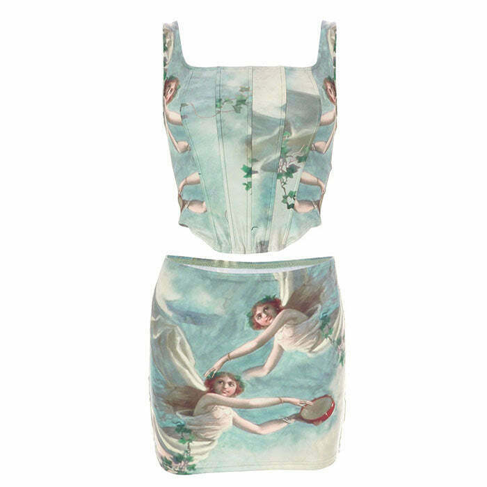 Celestial Cherub Corset Top & Skirt Set - Trendy Y2K Denim Jacket & Pants Ensemble