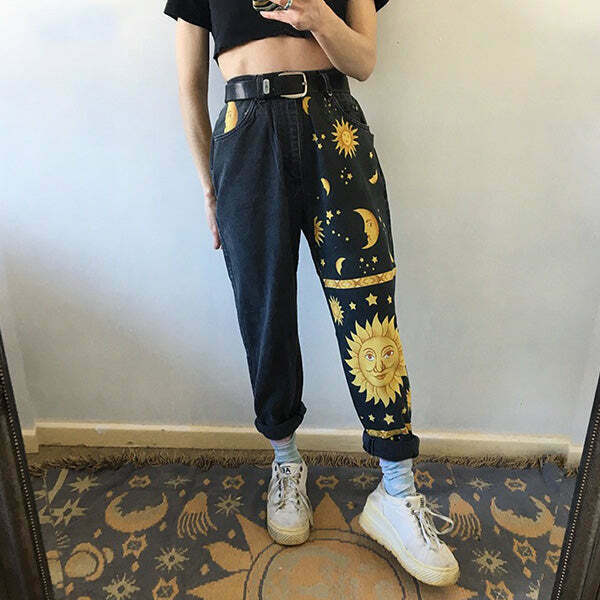 Celestial Magic Mom Jeans with Star Patches - Trendy Y2K Baggy Ripped Denim Style