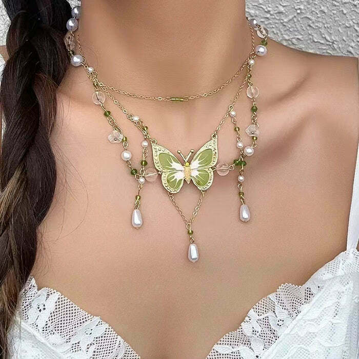 Charming Green Butterfly Aesthetic Layered Necklace - Y2K Style with Bow Choker Detail