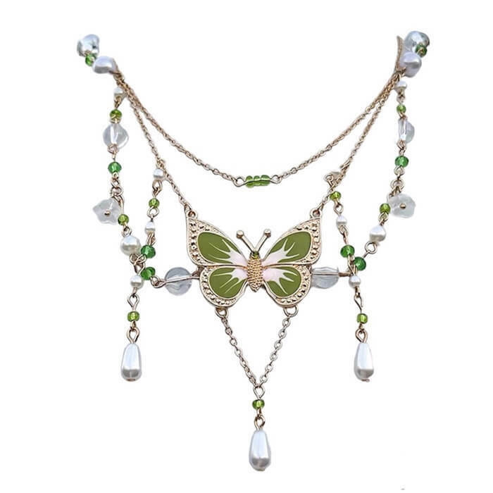 Charming Green Butterfly Aesthetic Layered Necklace - Y2K Style with Bow Choker Detail