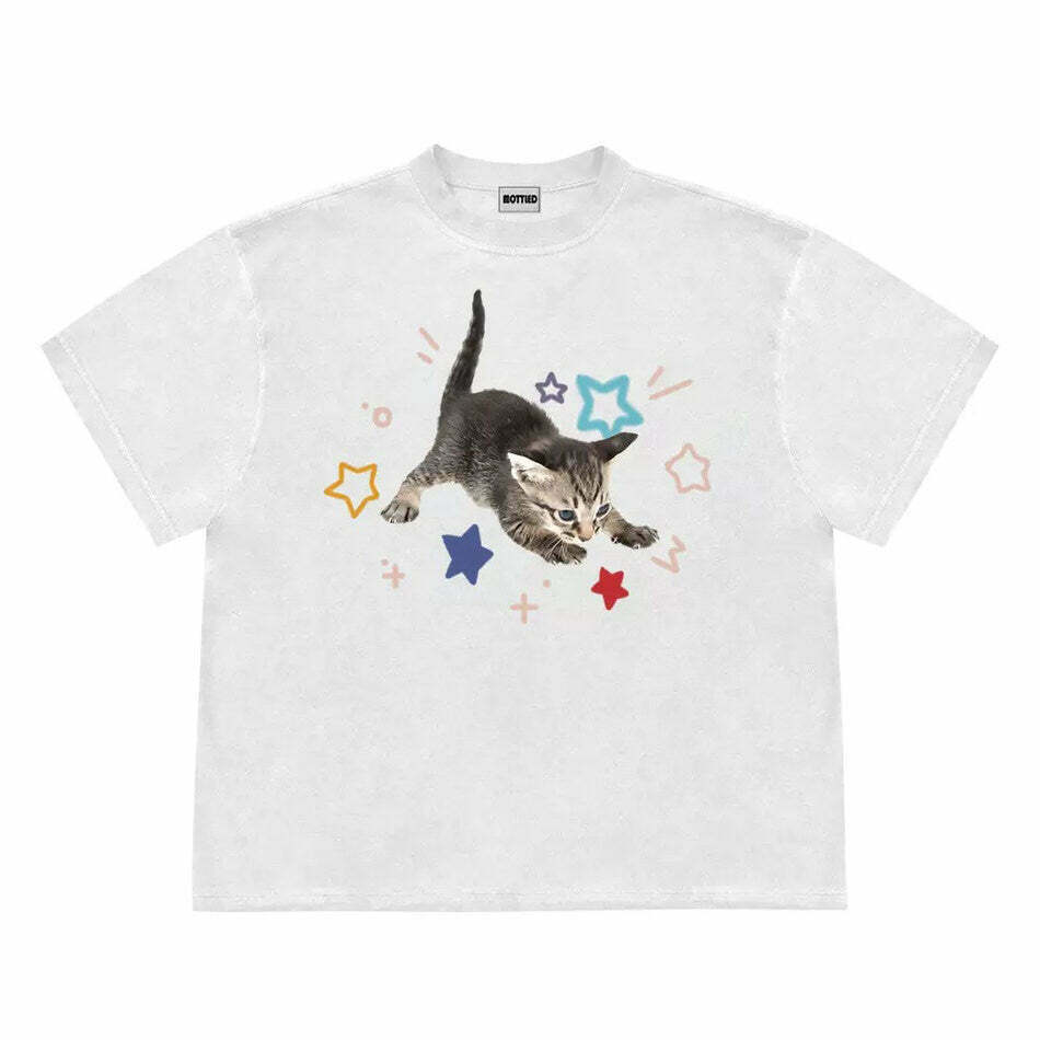 Charming Kitten and Stars T-Shirt in Soft Cotton Blend - Trendy Y2K Fashion Essential