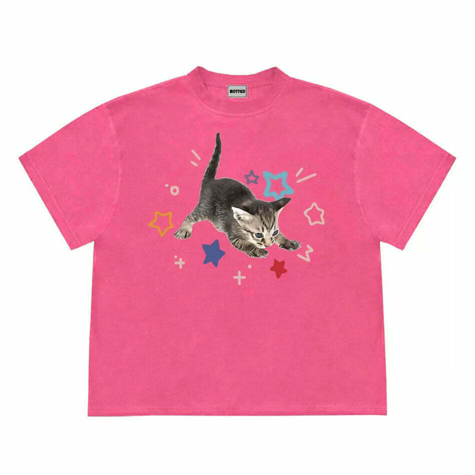 Charming Kitten and Stars T-Shirt in Soft Cotton Blend - Trendy Y2K Fashion Essential