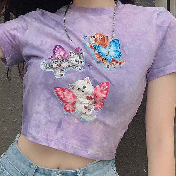 Charming Magic Kitty Crop Top with Bow Tie Detail - Trendy Y2K Denim Tube Style