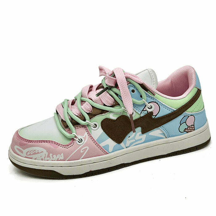 Charming Pastel Heart Aesthetic Sneakers in Blue and Pink - Trendy Y2K Style Footwear