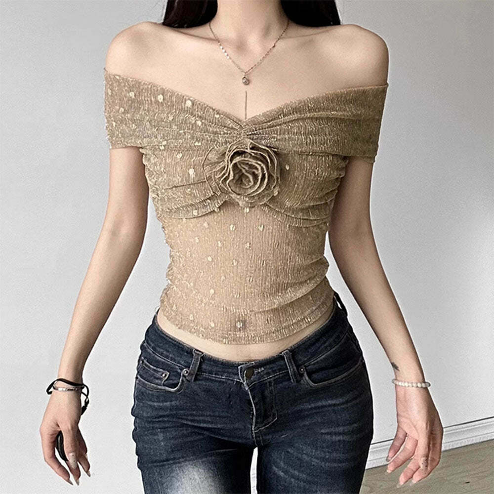 Charming Rose Bardot Mesh Top - Y2K Bow Tie Crop Top with Denim Tube Style & Fairy Aesthetic