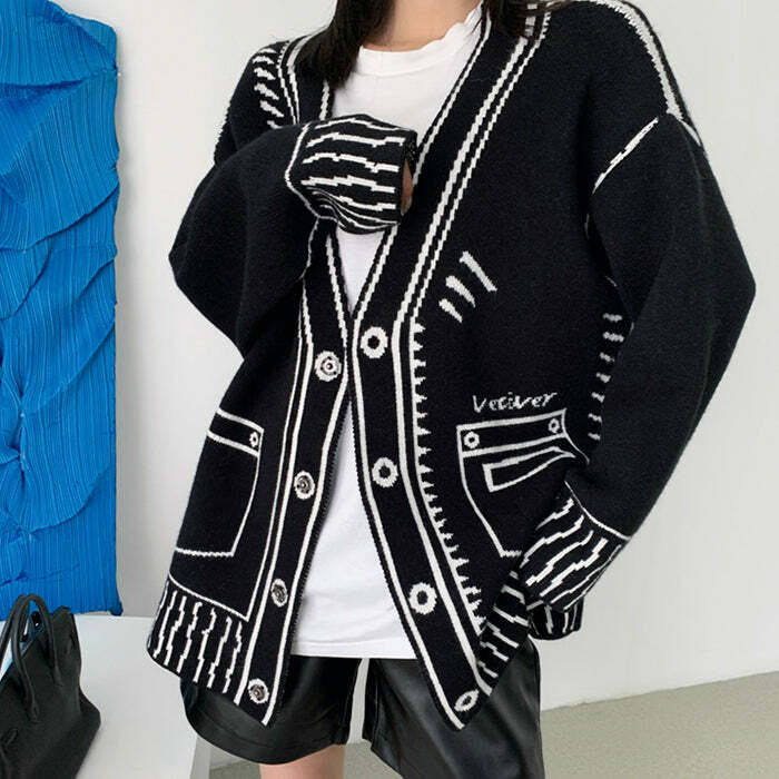 Chic 2D Cartoon Outline Knitted Cardigan - Vintage Style Coquette & Grunge Fashion Must-Have