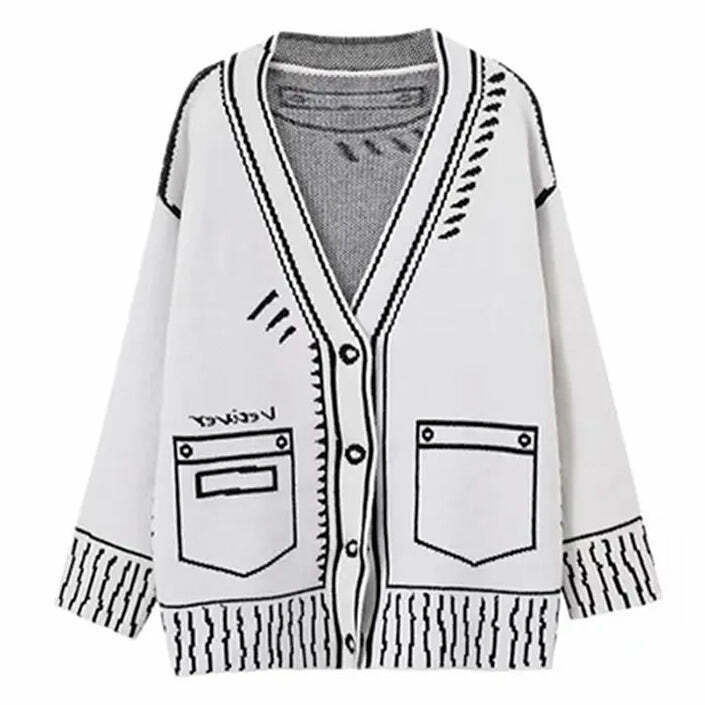 Chic 2D Cartoon Outline Knitted Cardigan - Vintage Style Coquette & Grunge Fashion Must-Have