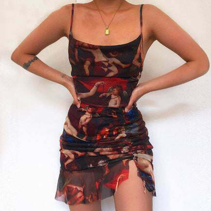 Chic Angel Print Mini Dress - Bohemian Style Sun Dress for Y2K Fashion Lovers