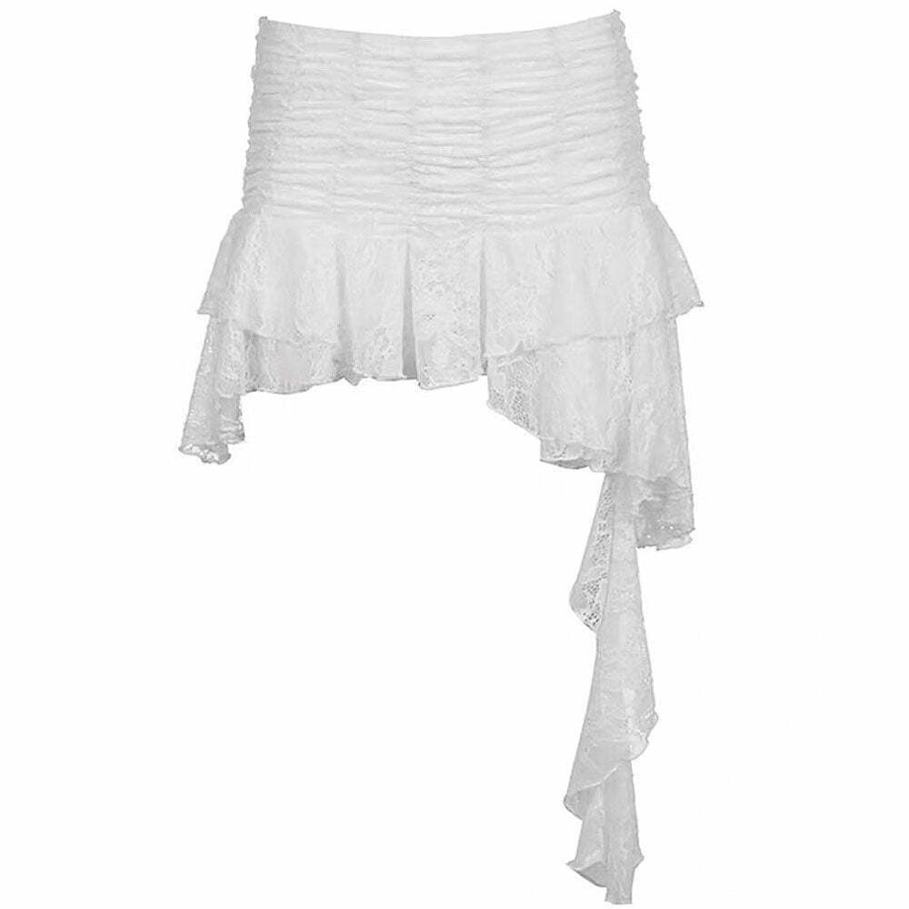 Chic Asymmetrical White Lace Skirt with Drawstring Detail - Trendy Y2K Fashion Essential