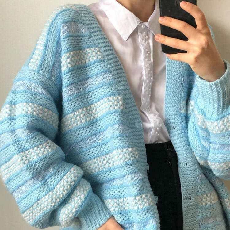 Chic Baby Blue Striped Cardigan - Trendy Y2K Fashion with Cozy Comfort and Style