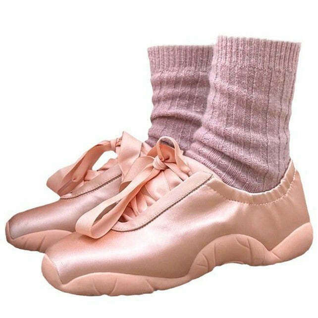 Chic Balletcore Aesthetic Satin Bow Sneakers in Pink and Blue - Heart-Embellished Style