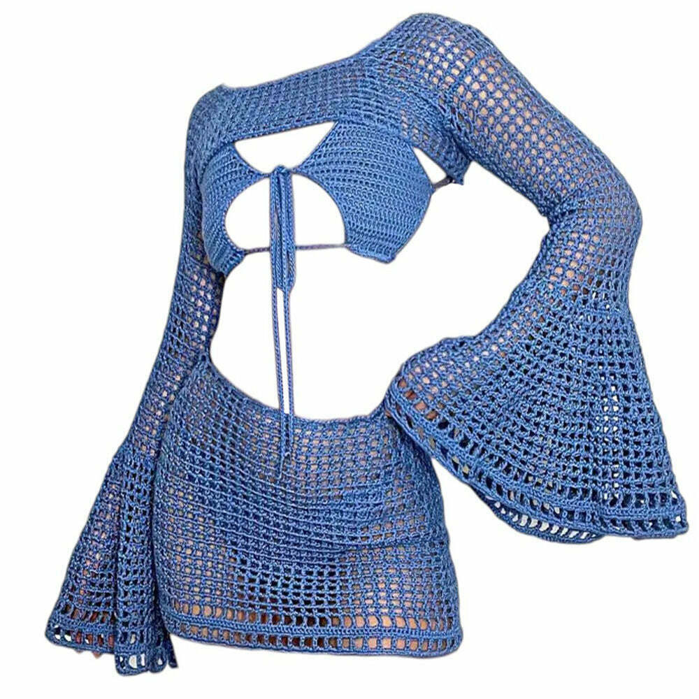 Chic Beach Girl Crochet Top & Skirt Set - Trendy Blue Aesthetic Crochet Beachwear