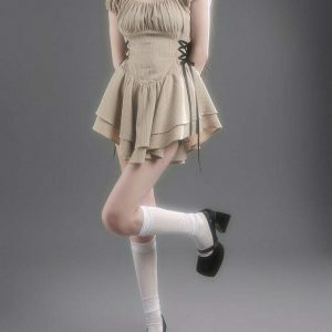 Chic Beige Coquette Mini Dress with Bow Detail - Trendy Long Sleeve Bodycon Style