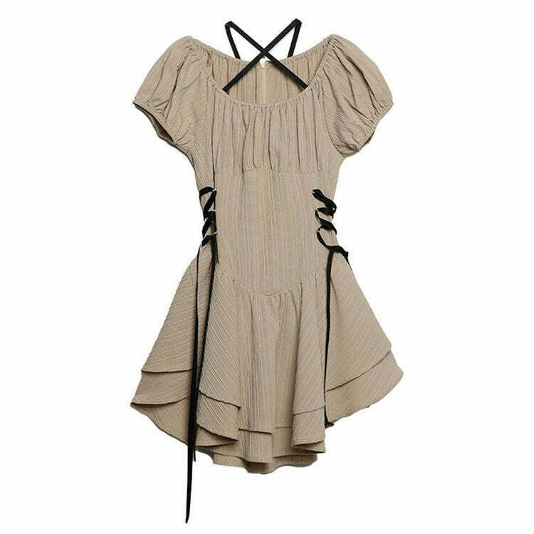 Chic Beige Coquette Mini Dress with Bow Detail - Trendy Long Sleeve Bodycon Style