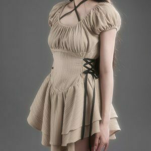 Chic Beige Coquette Mini Dress with Bow Detail - Trendy Long Sleeve Bodycon Style