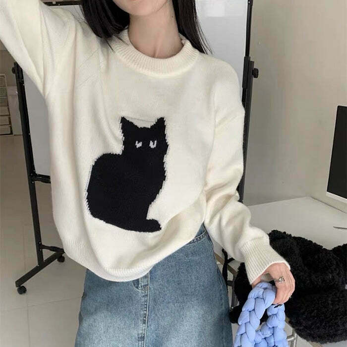 Chic Black Cat Aesthetic Sweater - Y2K Style with Unique Design for Trendy Fashion Lovers