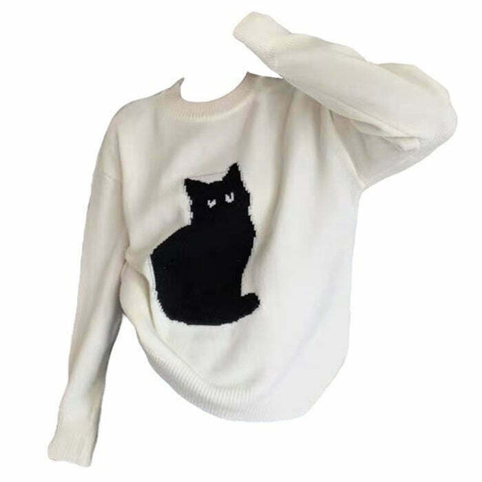 Chic Black Cat Aesthetic Sweater - Y2K Style with Unique Design for Trendy Fashion Lovers