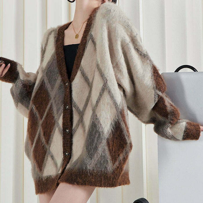 Chic Brown Argyle Fuzzy Cardigan - Cozy Old Money Style for Effortless Y2K Fashion