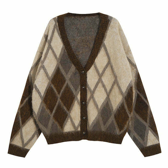 Chic Brown Argyle Fuzzy Cardigan - Cozy Old Money Style for Effortless Y2K Fashion